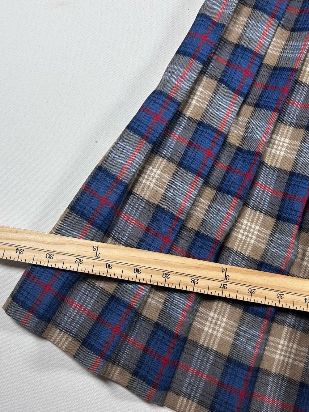VTG David Brooks Pleated Casual Midi Skirt 8 Blue Beige 100% Wool 70s 80s USA - Picture 3 of 6
